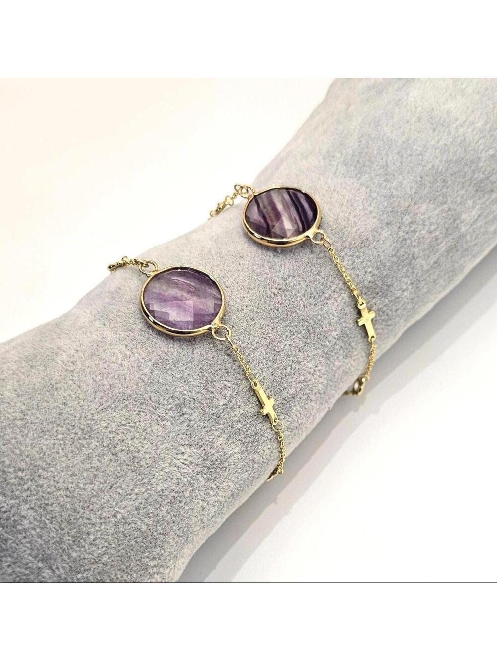 Handmade Cross Bracelet – Purple Fluorite Gemstone CZ – Adjustable